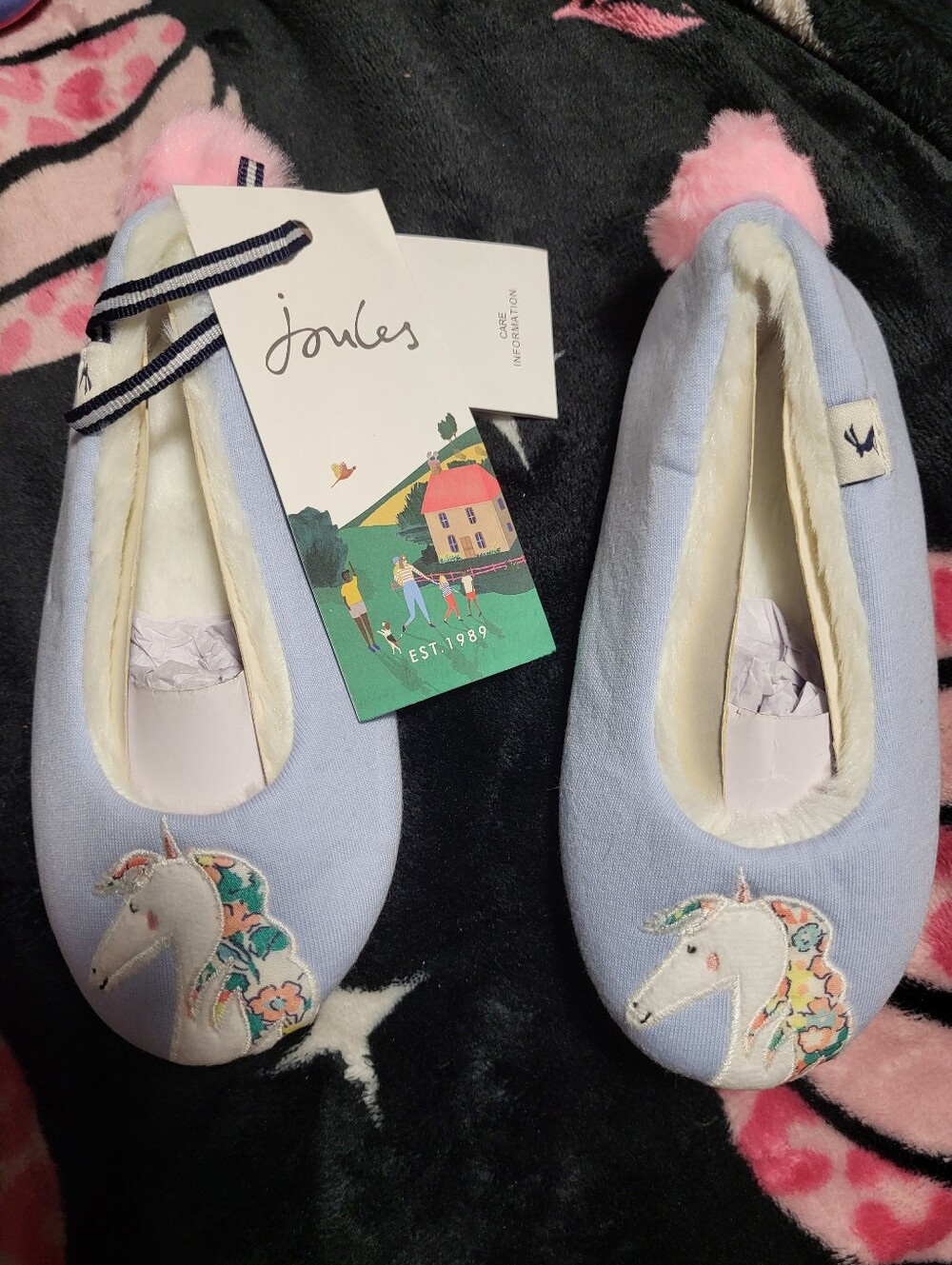 Joules Blue Unicorn Kids Slippers with Pink Pom